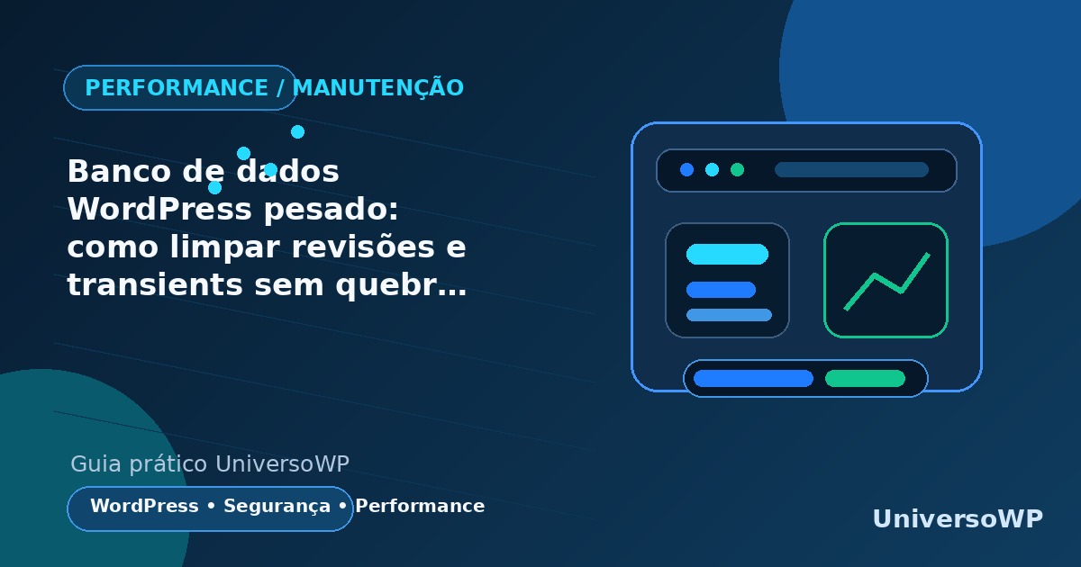 Ilustração de limpeza segura do banco de dados WordPress com backup, revisões e transients.