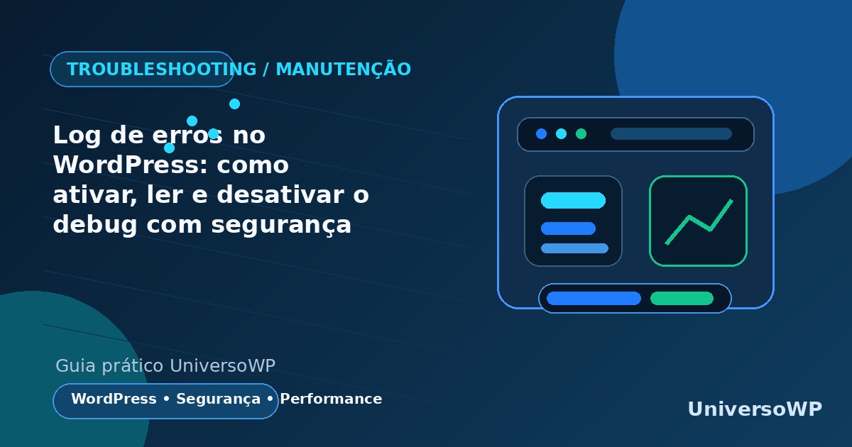 Ilustração de arquivo debug.log com lupa e cadeado para diagnosticar erros no WordPress com segurança.