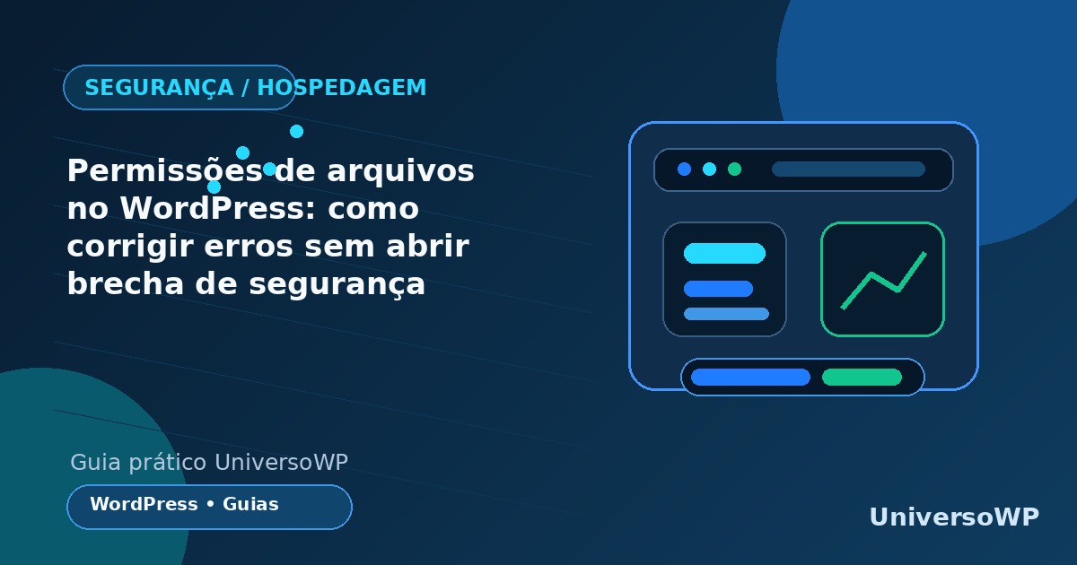 Ilustração editorial sobre permissões de arquivos WordPress e segurança, sem dados reais.