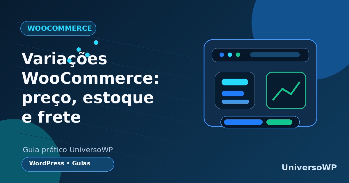 Ilustração editorial sobre variações WooCommerce, preço, estoque, imagem e frete